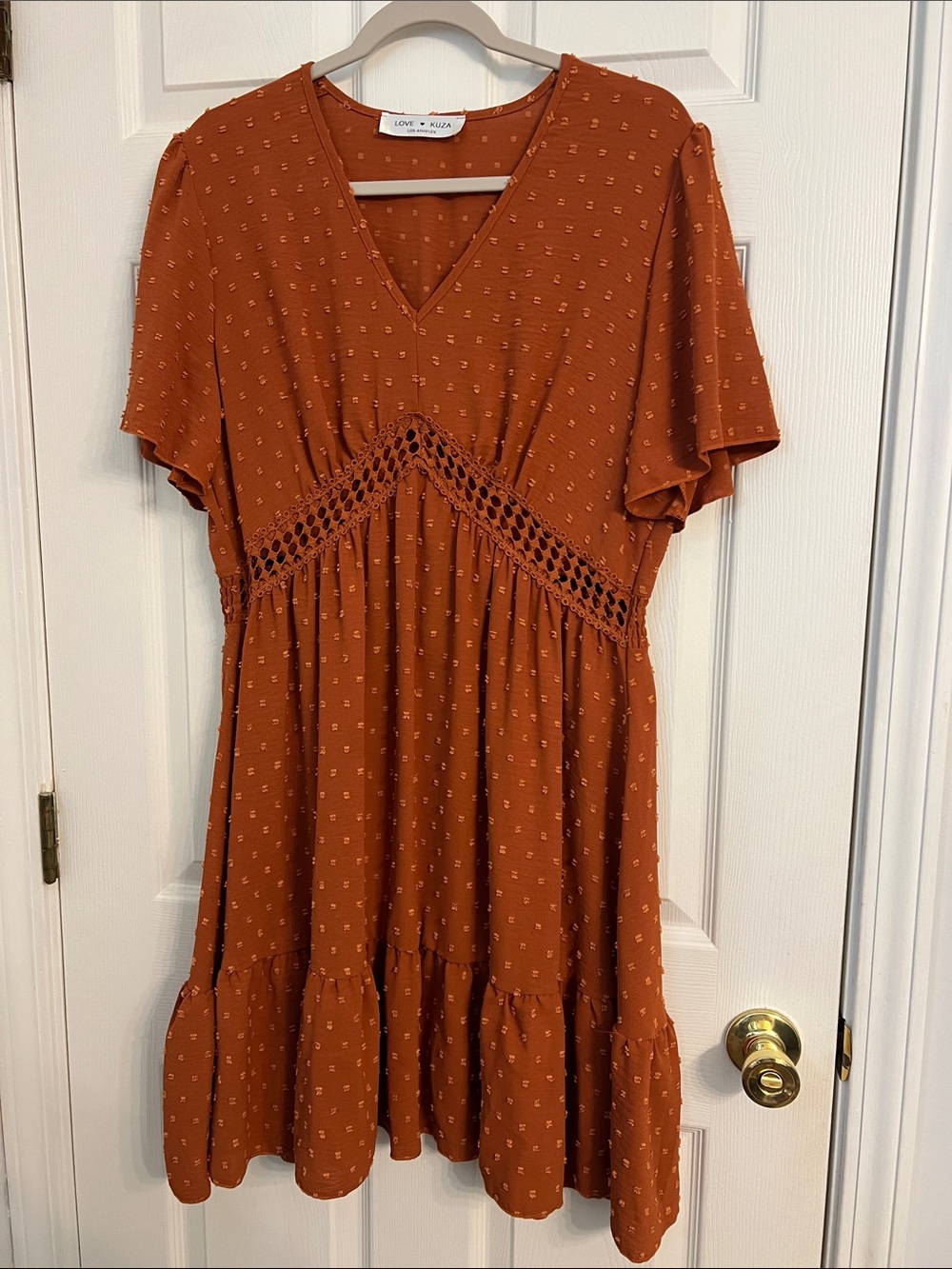 Love & Liberty Rust Crochet-Trim V-Neck Mini Dress
